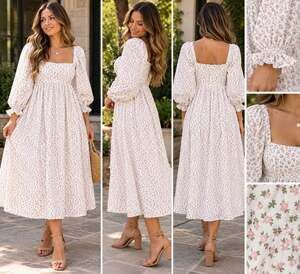 STORIA Ditsy Floral Square Neck Off Sleeve Midi Dress Size M